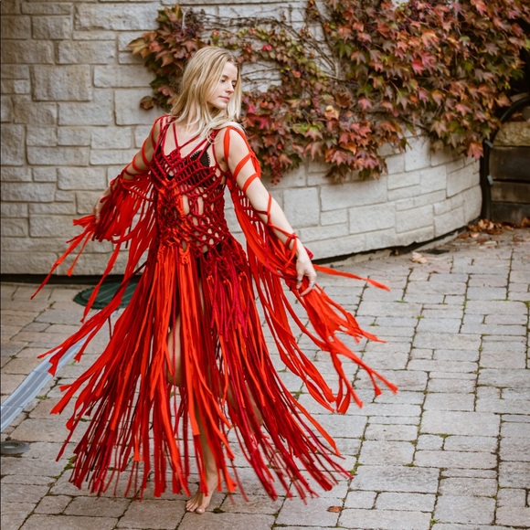 Handmade Macramé Deep Red Dress Cut Out Designer NYFW - Picture 7 of 16